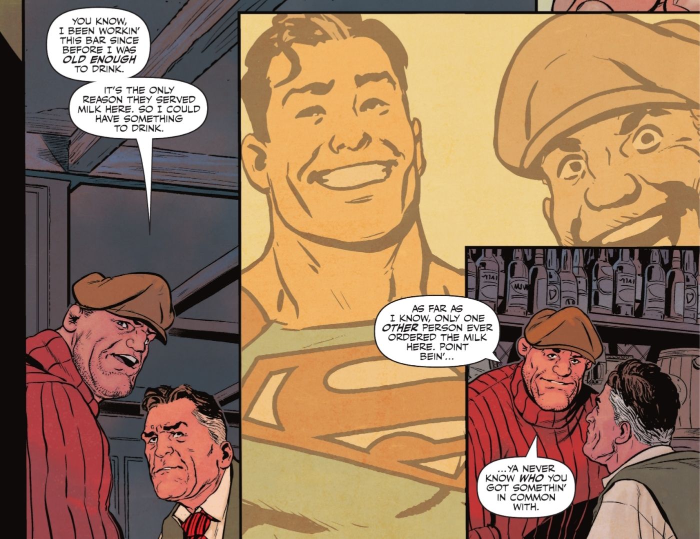 Comic book panels: Superman Drinks Milk At Bibbo&rsquo;s Bar