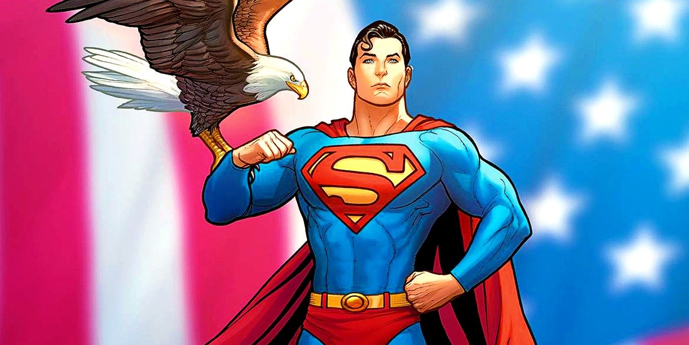 Comic book art: Superman stands with an eagle on his arm in front of an American flag.