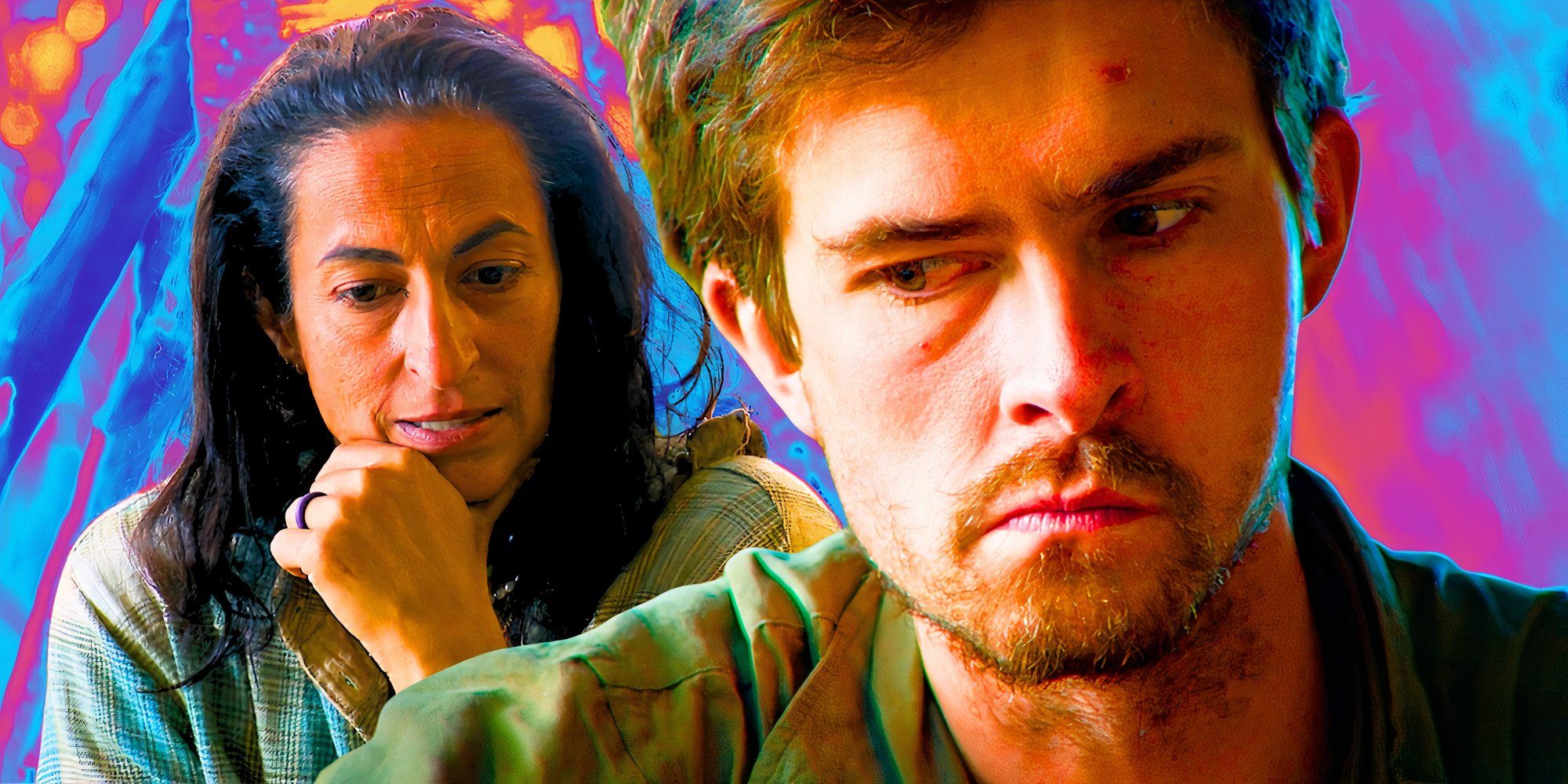 Survivor 46’s Maria Shrime Gonzalez rests her hand on her chin, and Charlie Davis gives side-eye.