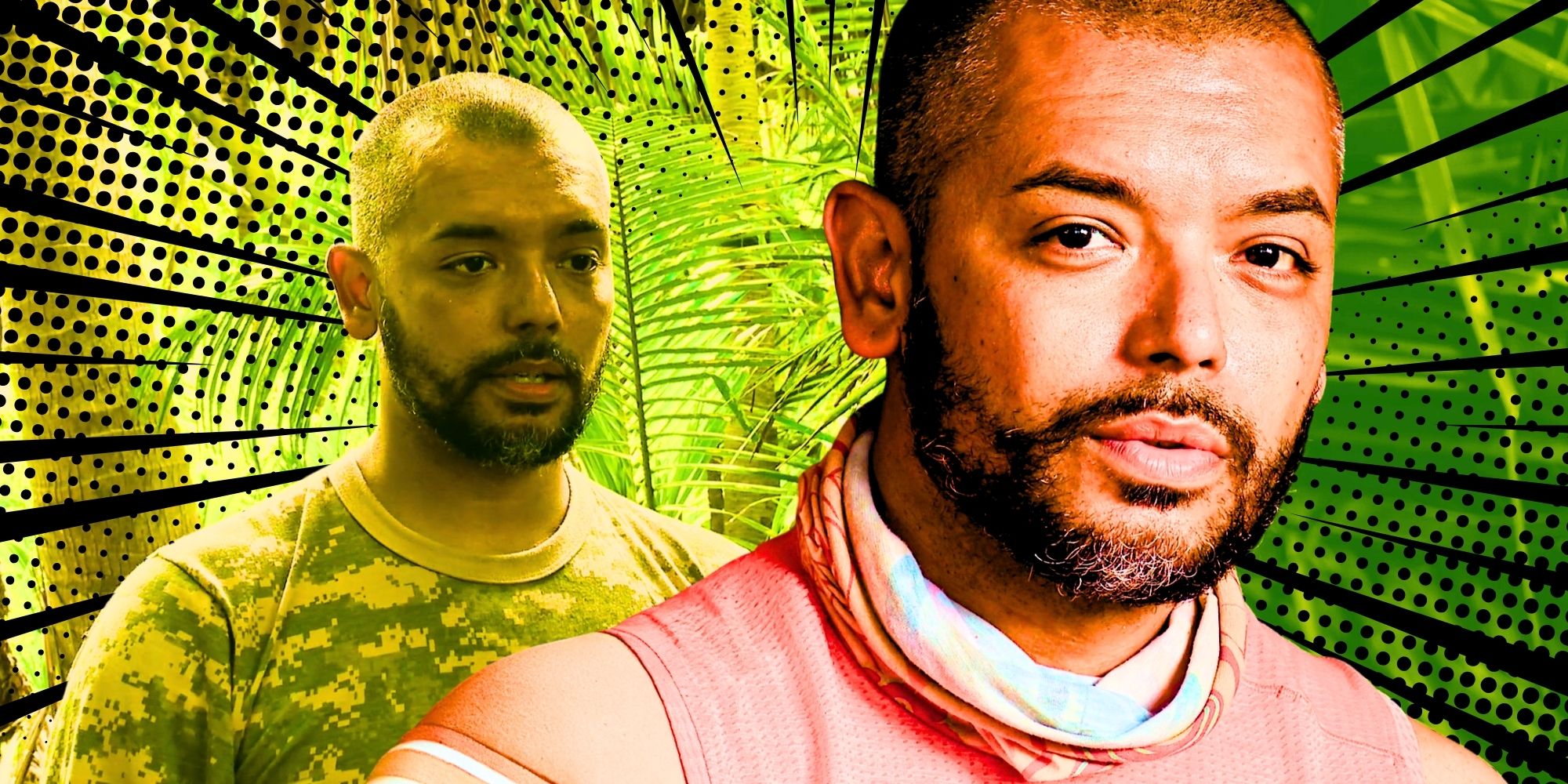 A montage of Survivor 46 Randen Montalvo looking prepared to take on a challenge.