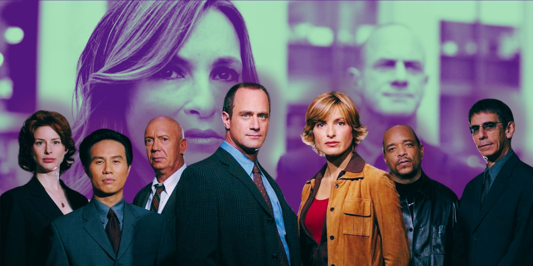 The Law & Order SVU cast of season 7 over an image of Benson and Stabler from season 22 tinted green