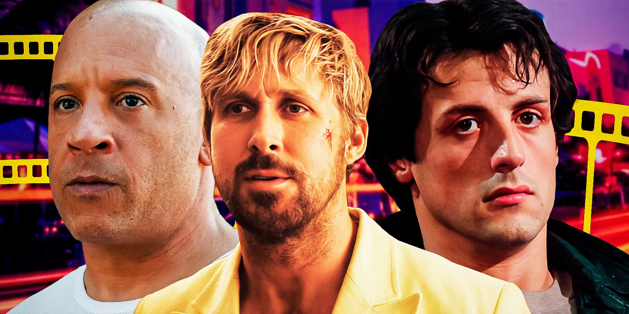 Vin Diesel, Ryan Gosling, and Sylvester Stallone Collage