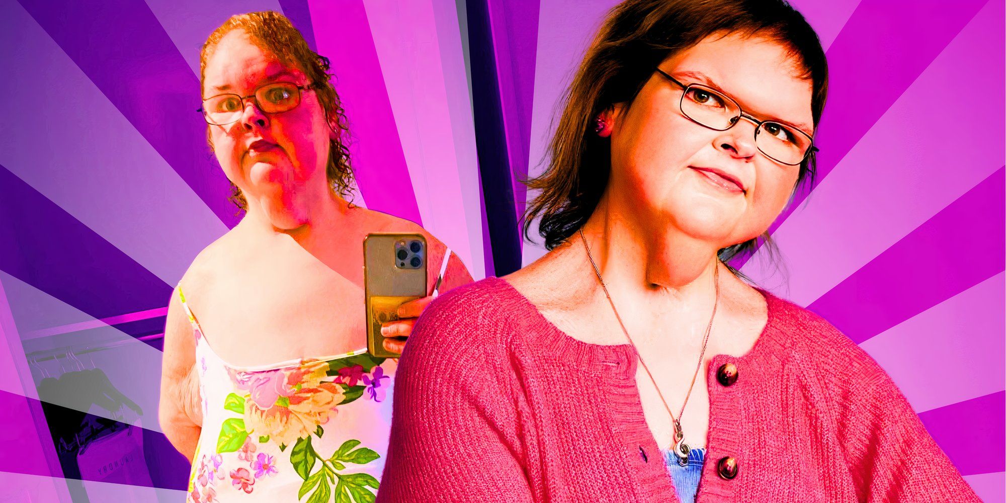 tammy slaton from 1000 lb sisters wearing feminine outfits in montage with purple background-1