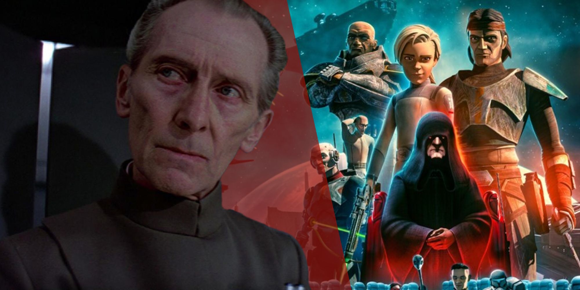 Peter Cushing as Tarkin from A New Hope (1977) next to the poster for Star Wars: The Bad Batch season 3 (2024)