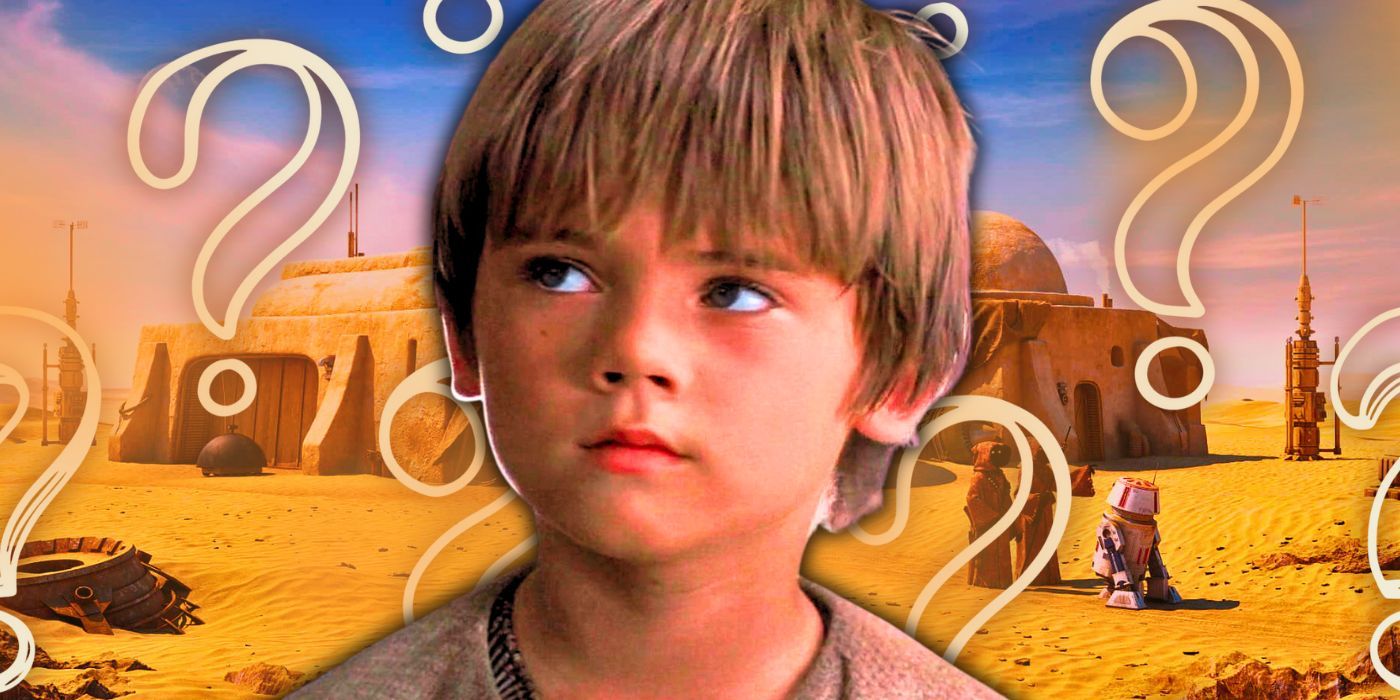 Jake Lloyd as young Anakin Skywalker looking up in front of an image of Tatooine with question marks in the background
