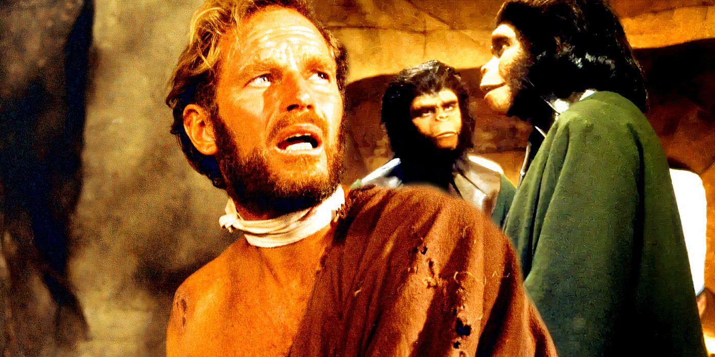 Taylor looking to the side while two apes are talking in 1968 Planet of the Apes