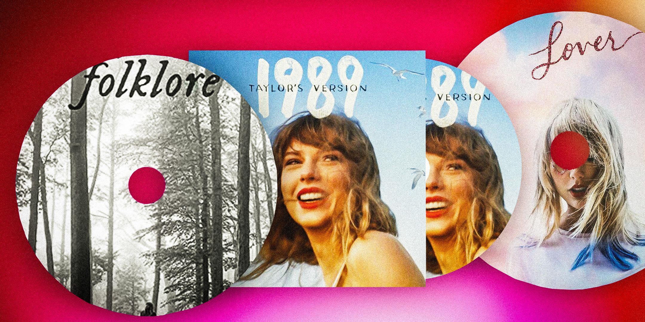 An image of the album covers for Taylor Swift's Folklore, 1989 (Taylor's Version), & Lover