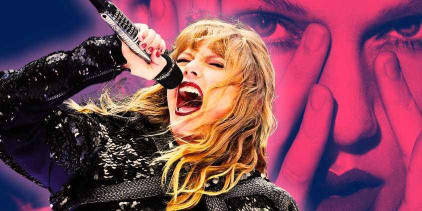 Taylor Swift singing during the Reputation tour with a promo image of Taylor Swift's face from the Reputation album