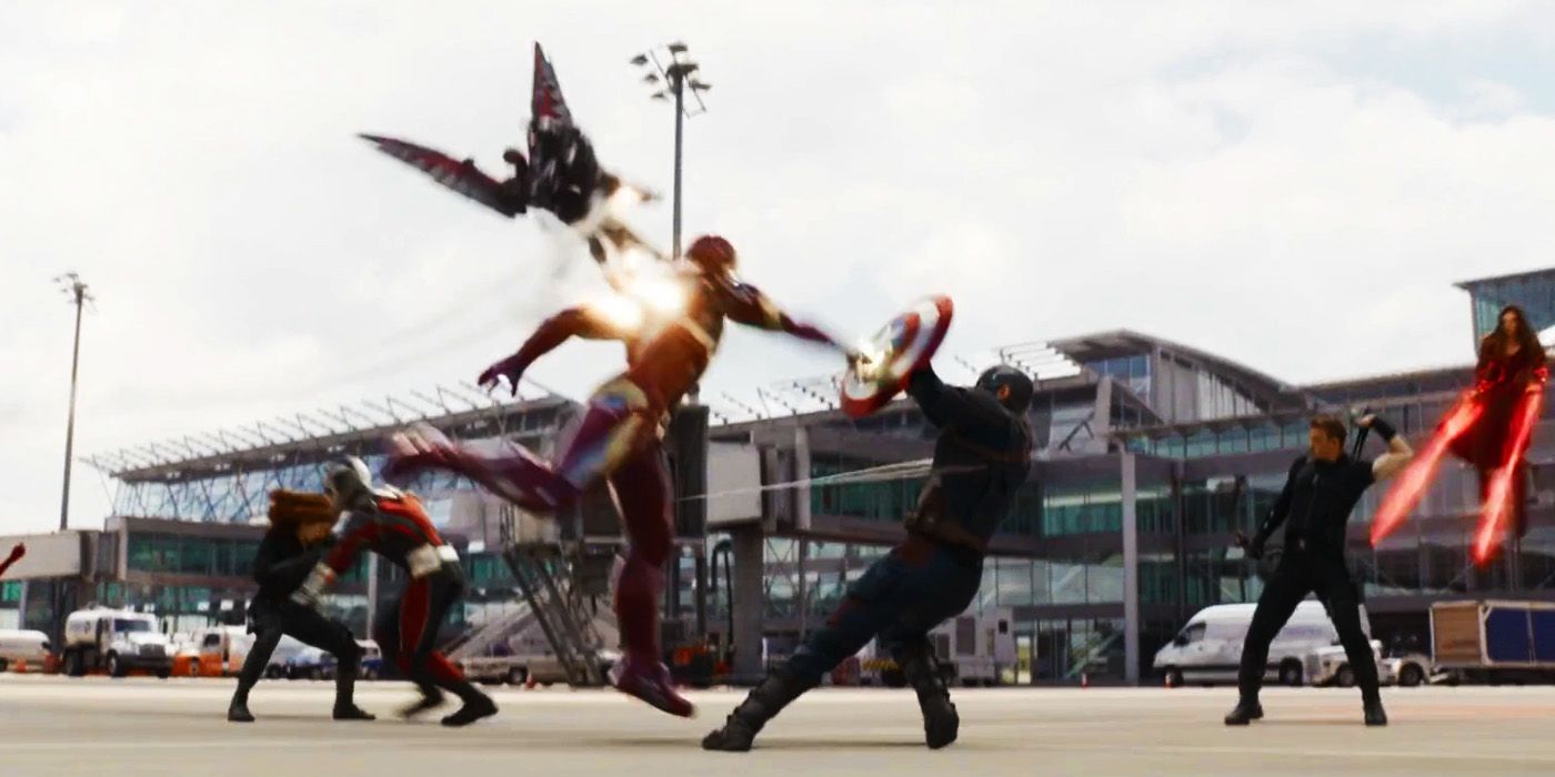 Team Cap e Team Iron Man se enfrentando na Guerra Civil do Capitão América