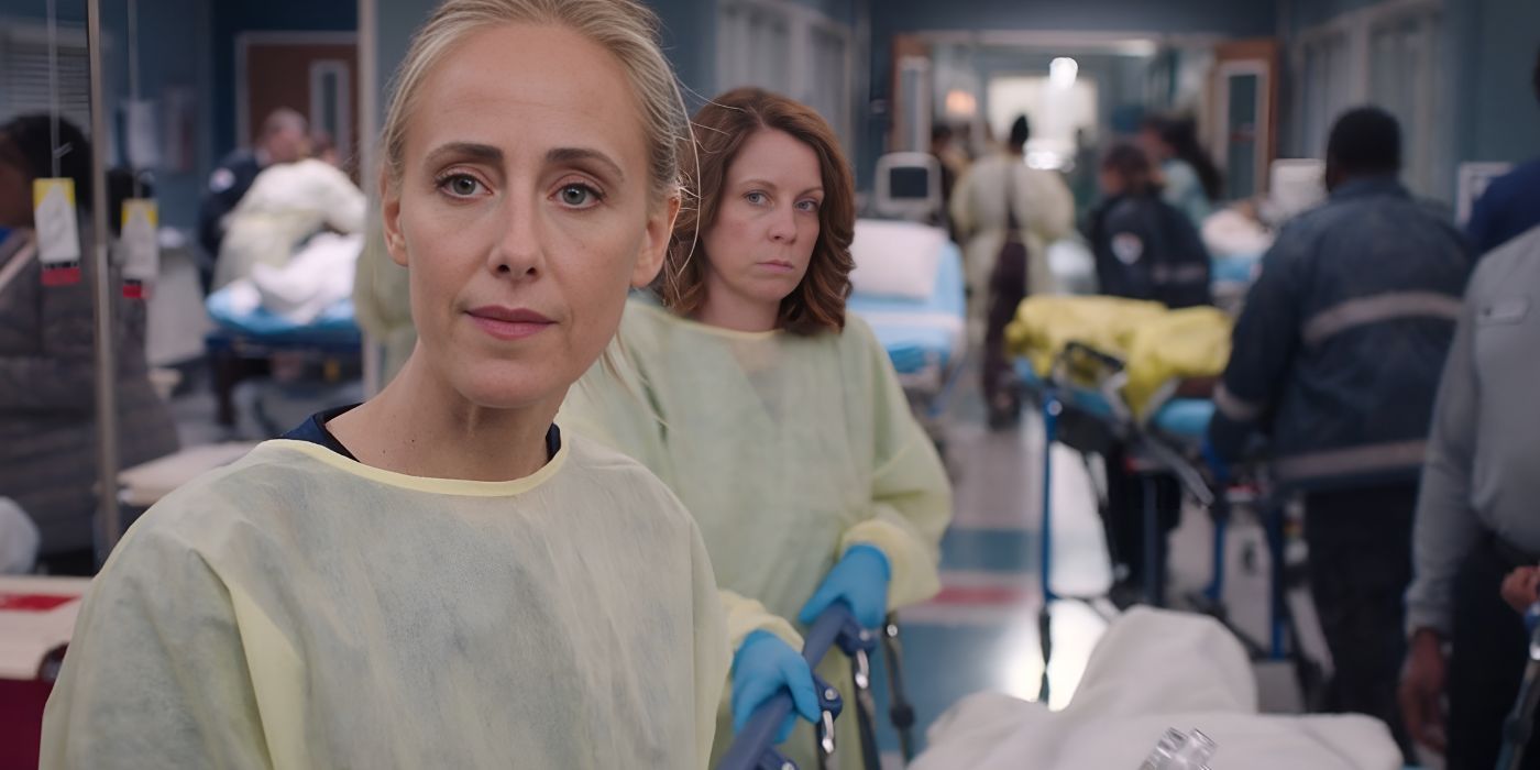 Teddy Altman (Kim Raver) looks upset when running into an angry Catherine Fox en route to the OR in the Grey's Anatomy season 20 finale