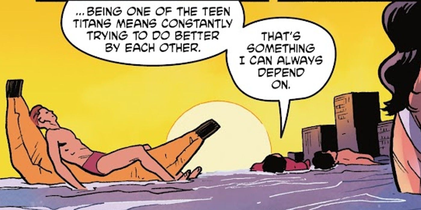 Painel de quadrinhos: Aqualad fala com Robin sobre os Jovens Titãs enquanto eles flutuam na água.