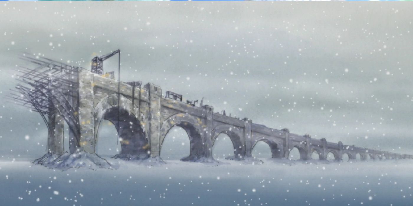tequila wolf bridge in one piece with snow falling from the sky