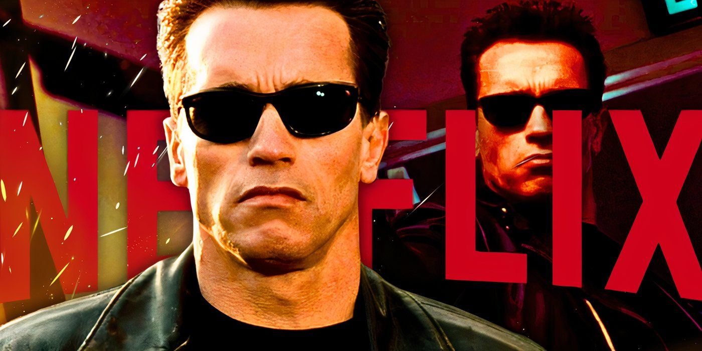 Terminator Arnold Schwarzenegger in front of a Netflix logo