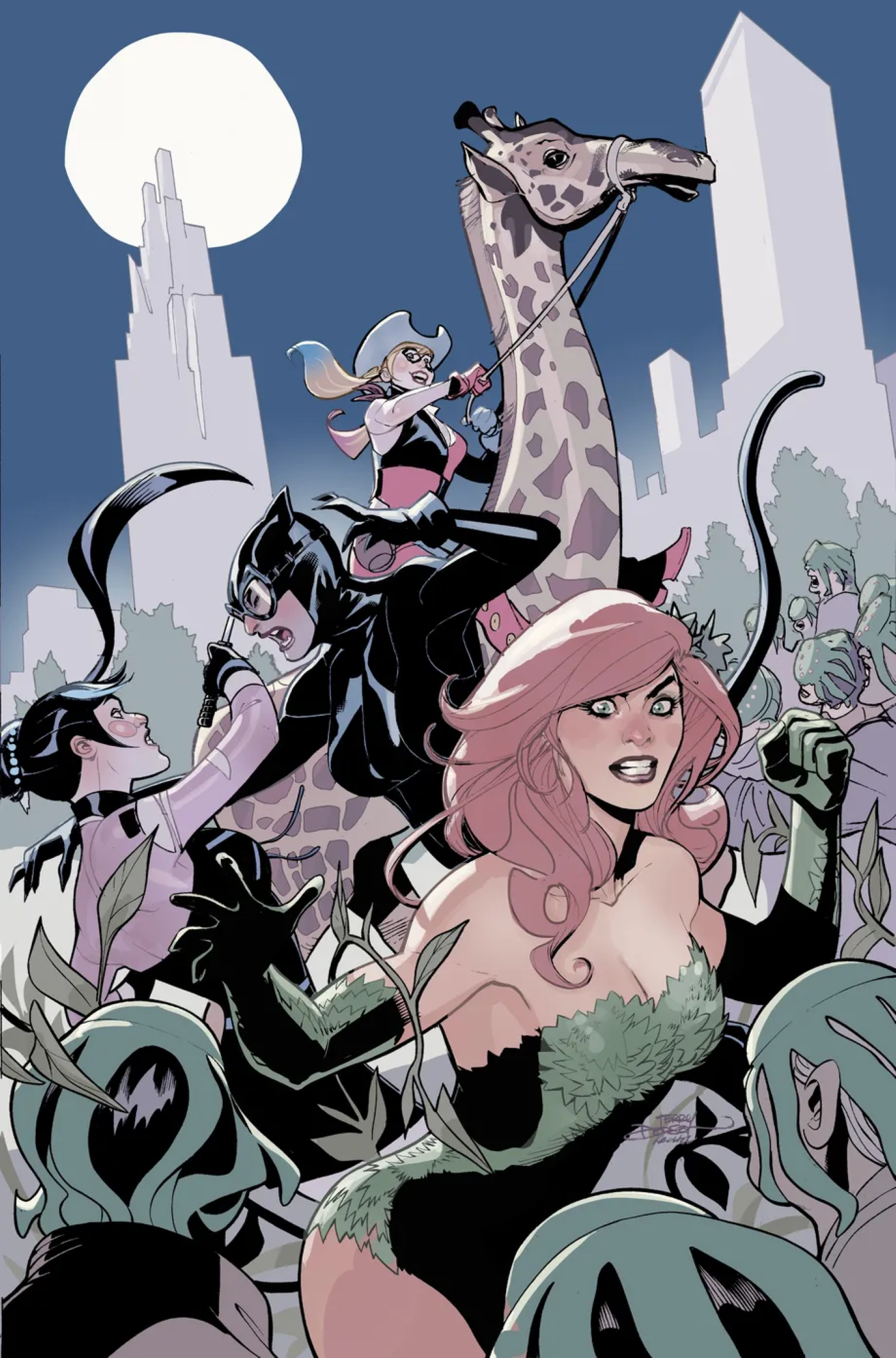 Capa principal de Terry Dodson para Gotham City Sirens com Poison Ivy Harley Quinn e Catwoman