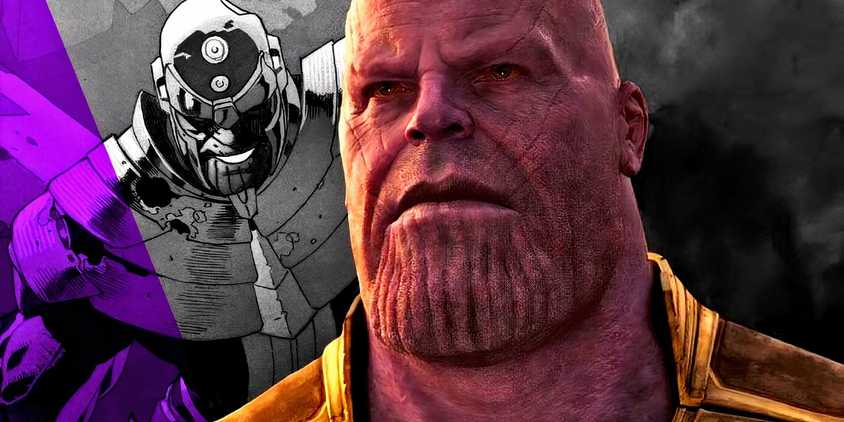 MCU's Thanos with a black-and-white Thanos from Marvel Comics behind him.