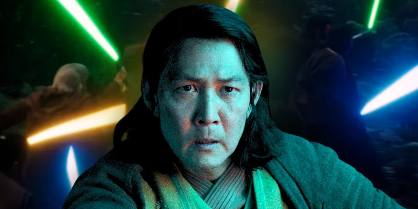 Lee Jung-jae as Jedi Master Sol with a worried look on his face in front of a group of Jedi with their lightsabers drawn in Star Wars: The Acolyte