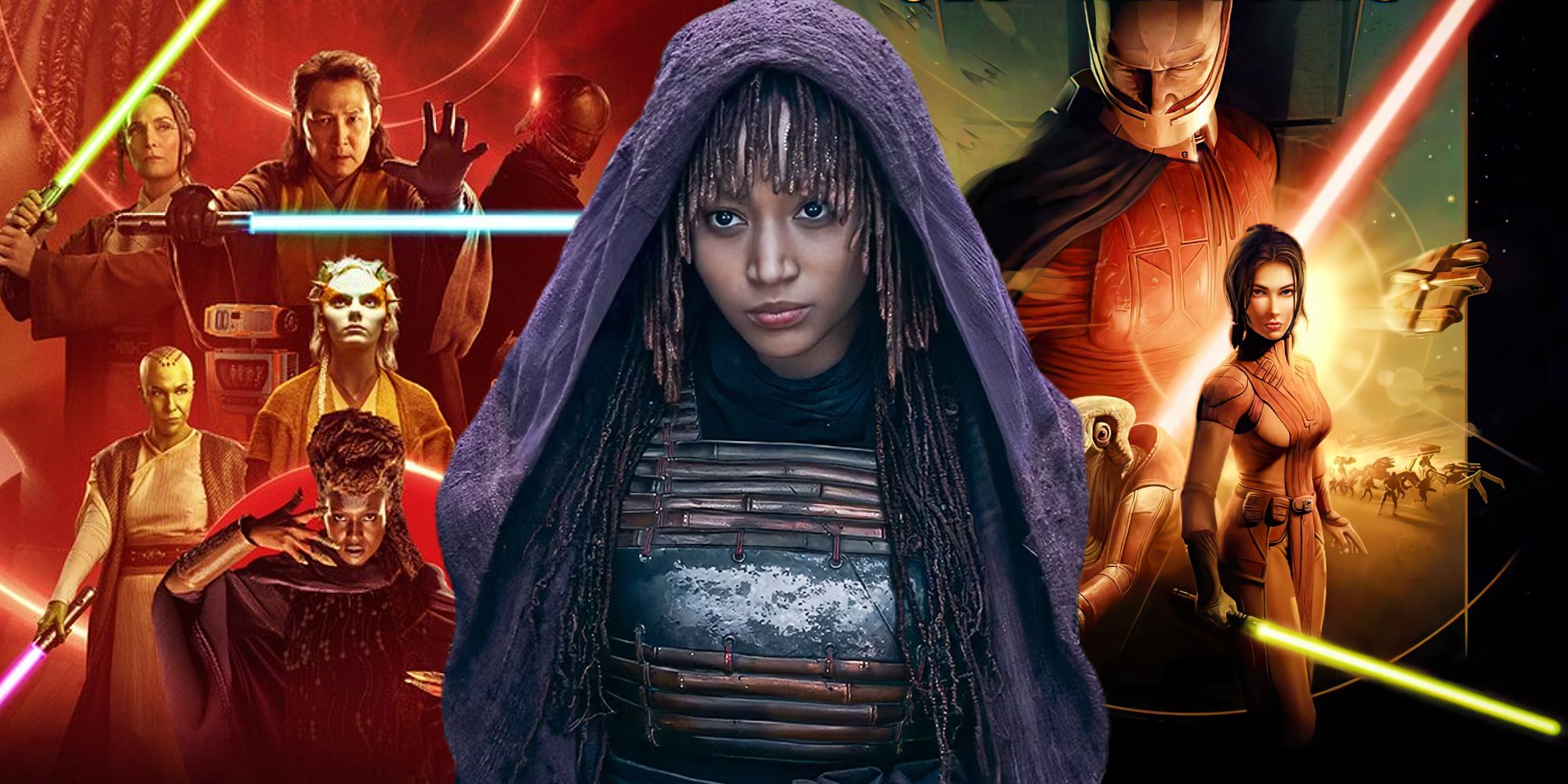 Amandla Stenberg as Mae between the posters for The Acolyte (2024) and Knights of the Old Republic (2003)