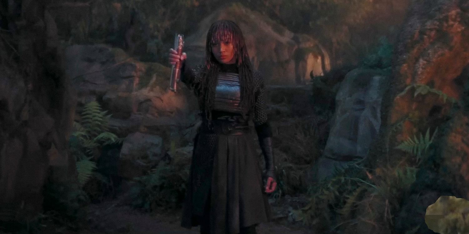 Mae (Amandla Stenberg) steals the Sol's lightsaber with her powers in The Acolyte season 1 (STAR WARS)