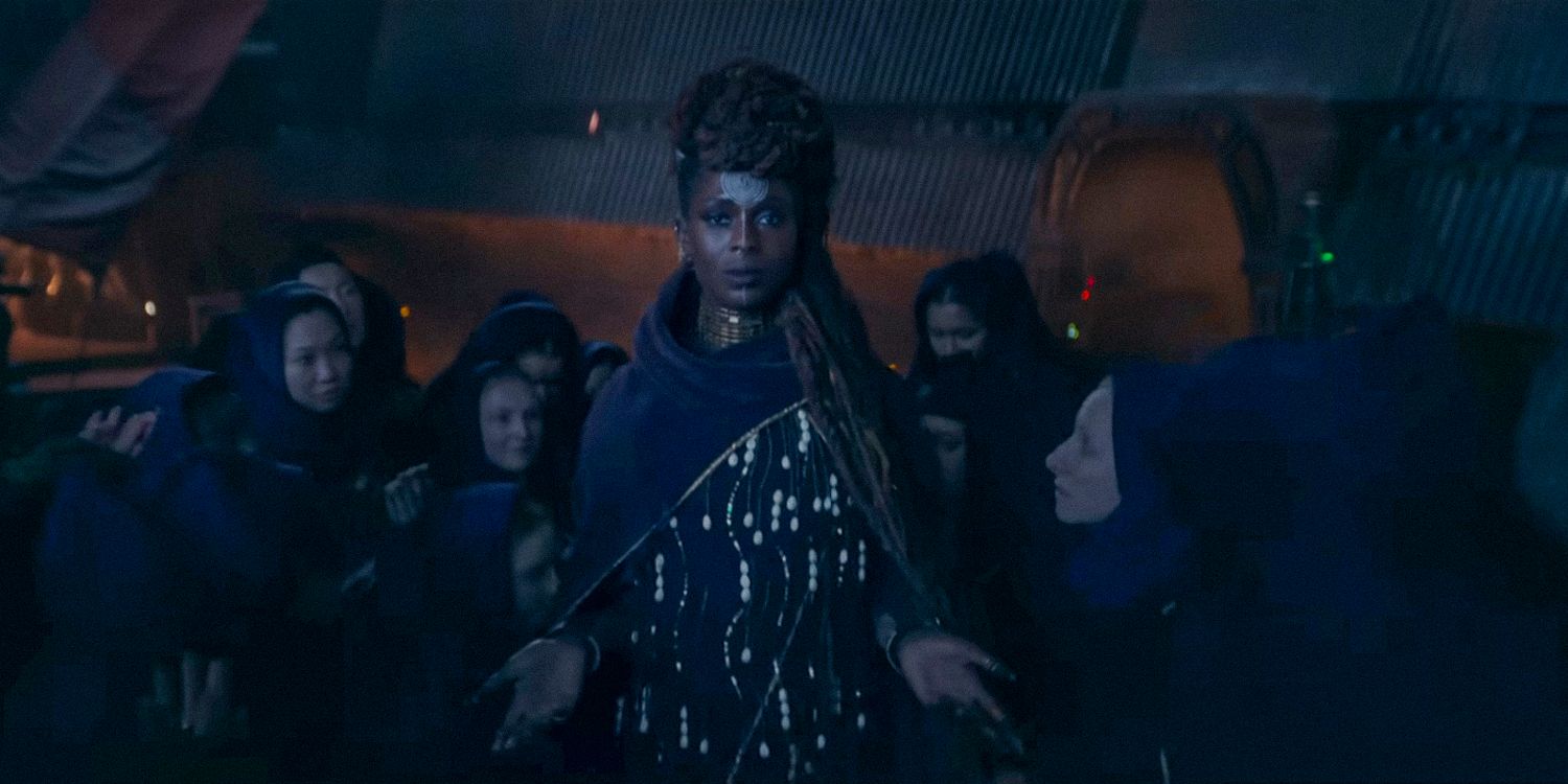 Mother Aniseya (Jodie Turner-Smith) surrounded by her coven of witches in The Acolyte season 1 (STAR WARS)