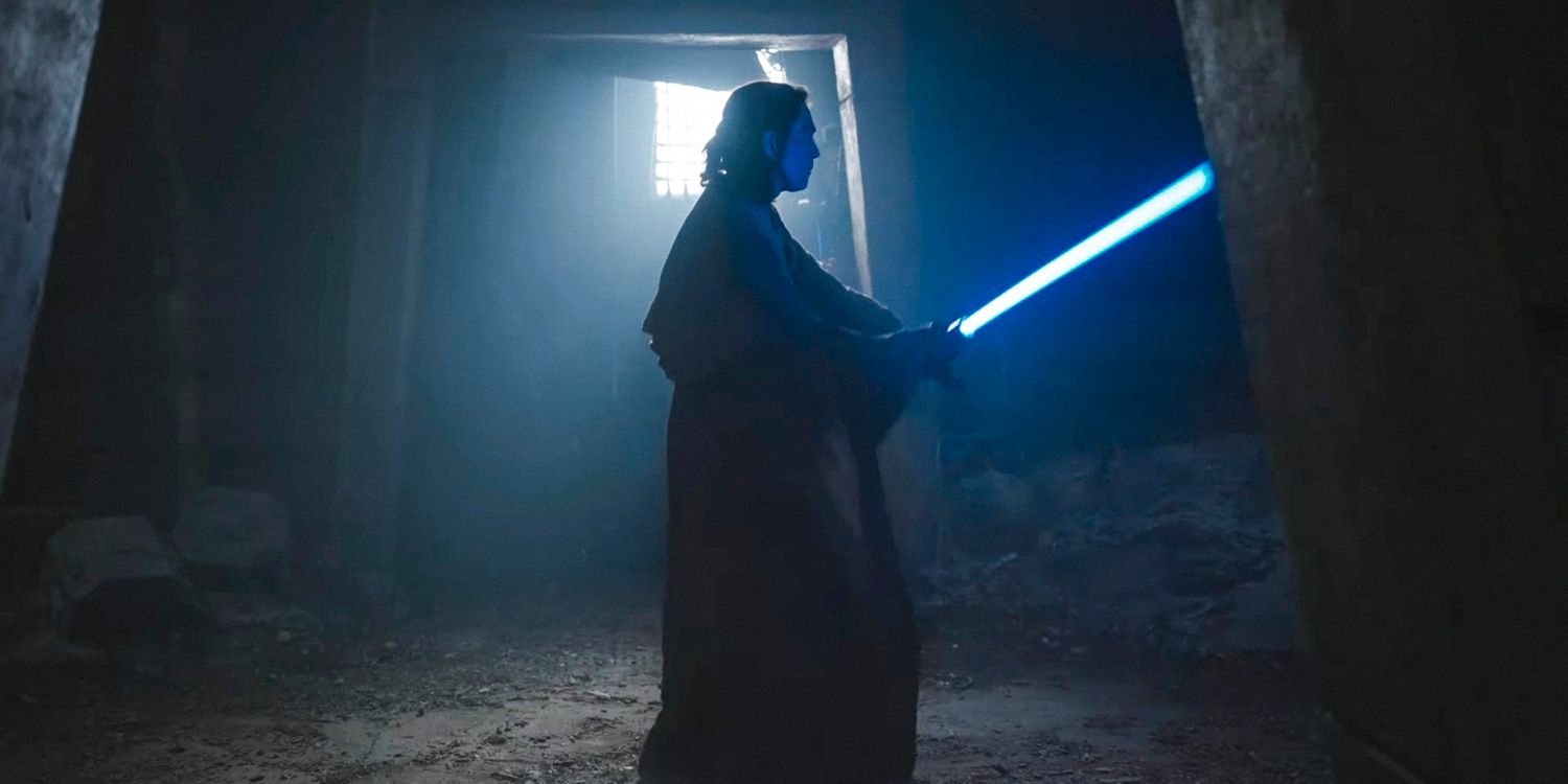 Wide shot of Jedi Master Sol (Lee Jung-jae)'s silhouette wielding his lightsaber in The Acolyte season 1 (STAR WARS)
