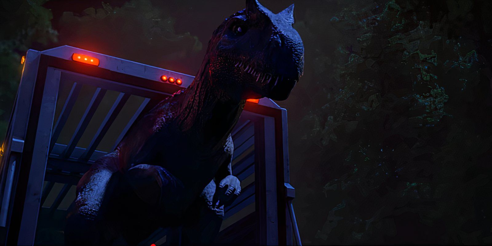 O alossauro sai da traseira de uma van de transporte em Jurassic World: Chaos Theory.