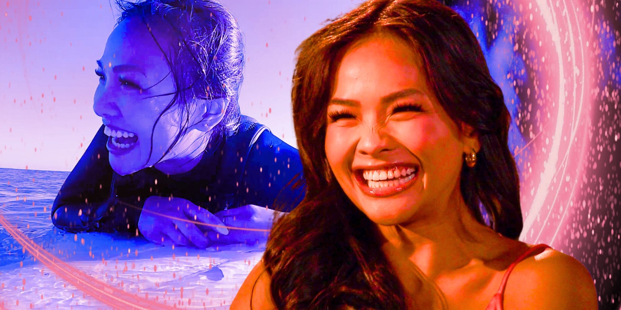 Montage of The Bachelorette Season 21 Star Jenn Tran with a giant smile, including an image of her on the water