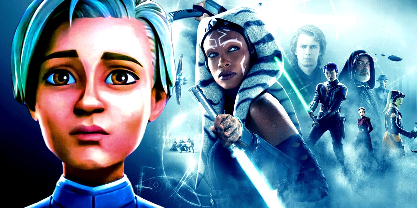 Omega from The Bad Batch to the left and the official Ahsoka poster to the right in a combined image