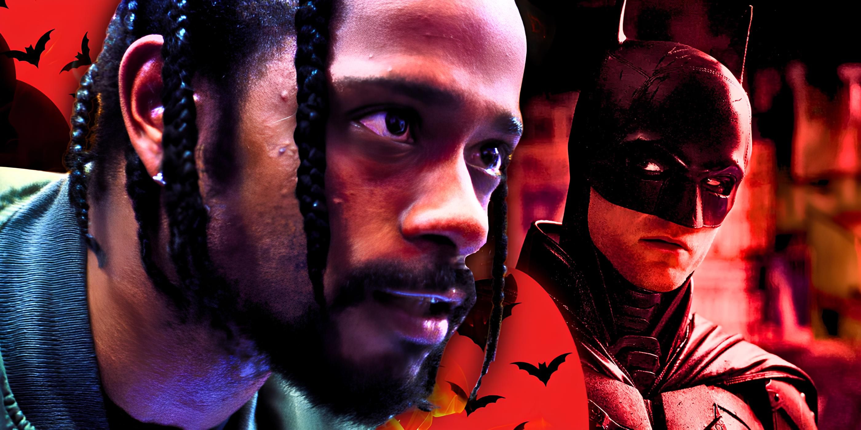 A split image of LaKeith Stanfield and Robert Pattinson's Batman