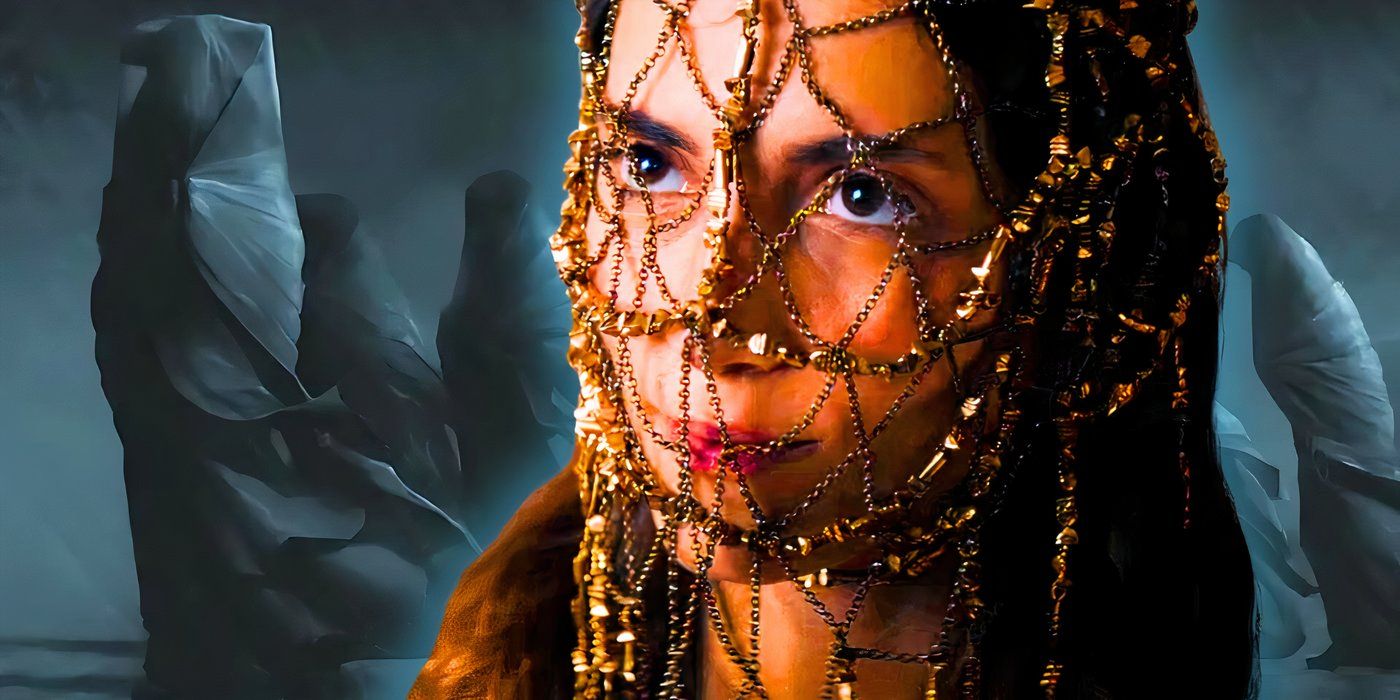 A close-up of a Bene Gesserit acolyte with cloaked Bene Gesserit behind her from Dune: Prophecy