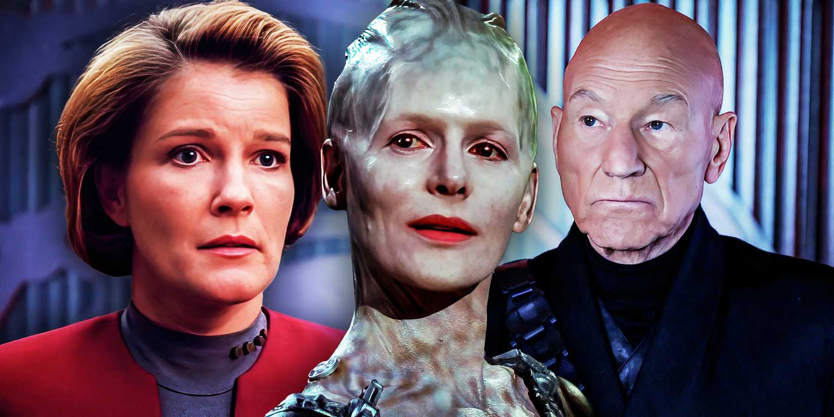 Collage of The Borg Queen from Star Trek: First Contact, Admiral Jean-Luc Picard from Star Trek: Picard, and Captain Janeway from Star Trek: Voyager.