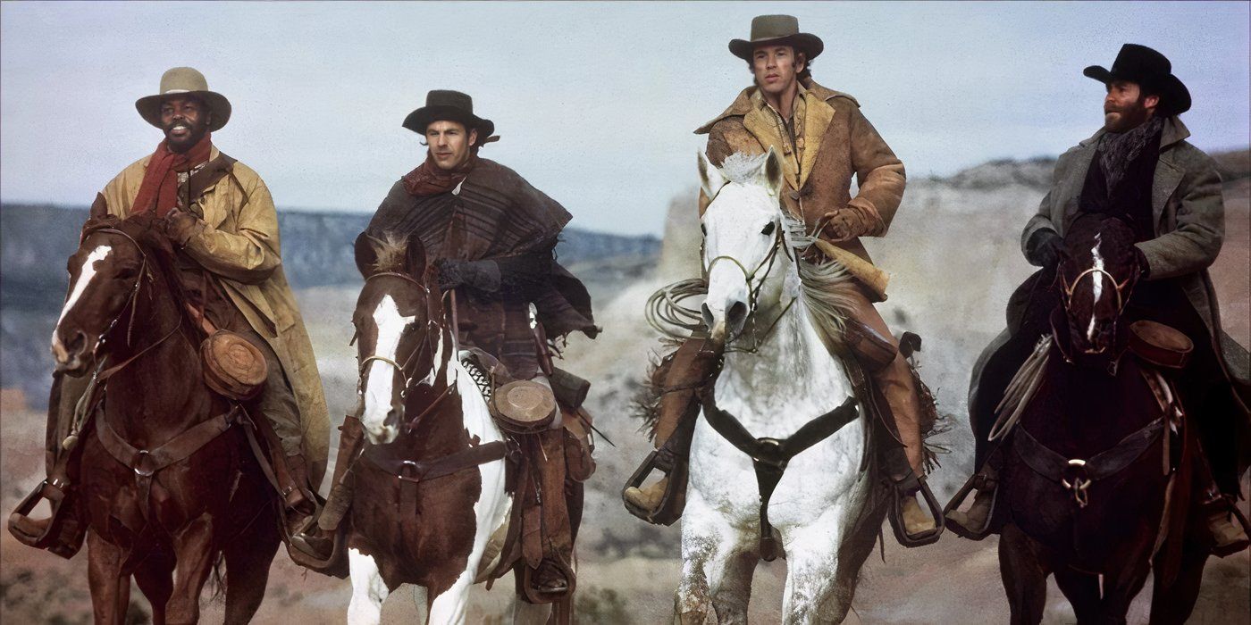 The cast of Silverado riding horses across a plain.