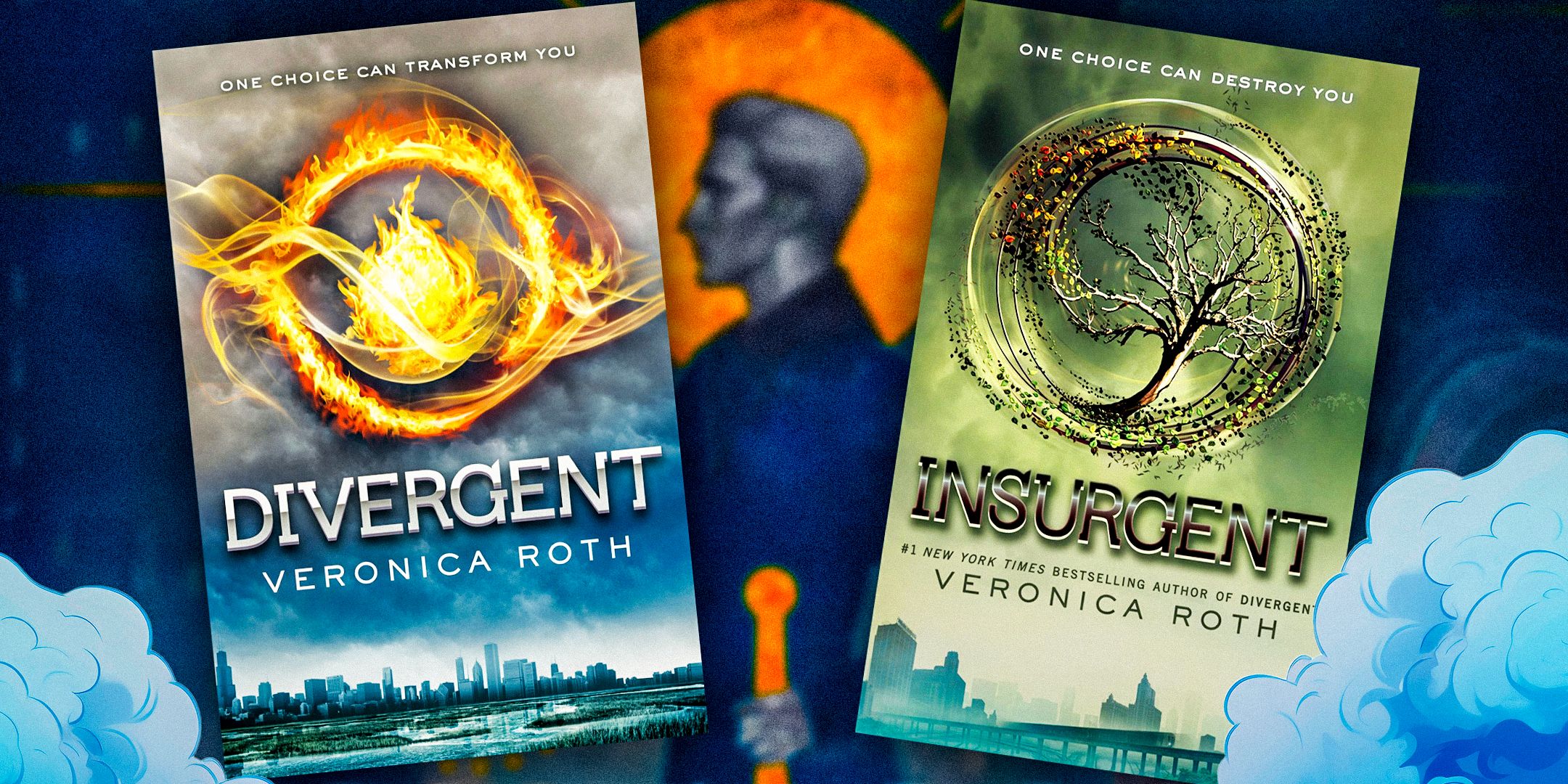 The covers of Divergent and Allegiant layered over imagery from When Among Crows