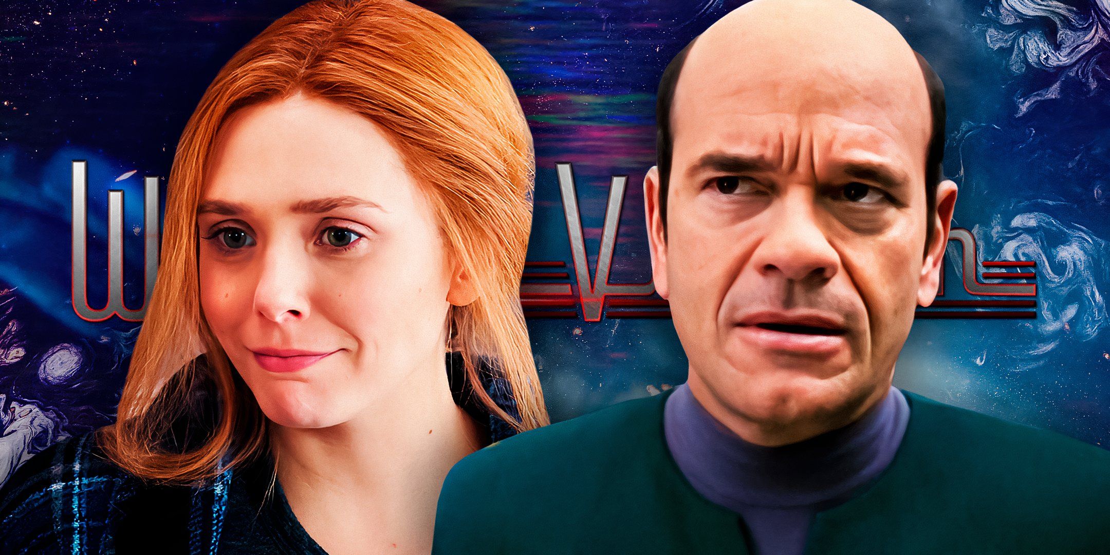 The Doctor (Robert Picardo) from Star Trek: Voyager and Wanda Maximoff (Elizabeth Olsen) in WandaVision with the show logo on a blue background.