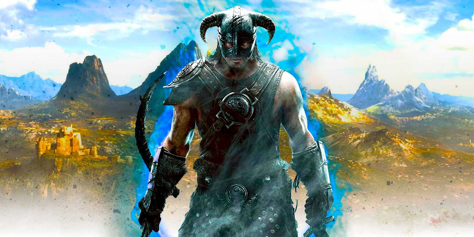 The Dragonborn From Skyrim in front of a still from the Elder Scrolls 6 Announcement Trailer.