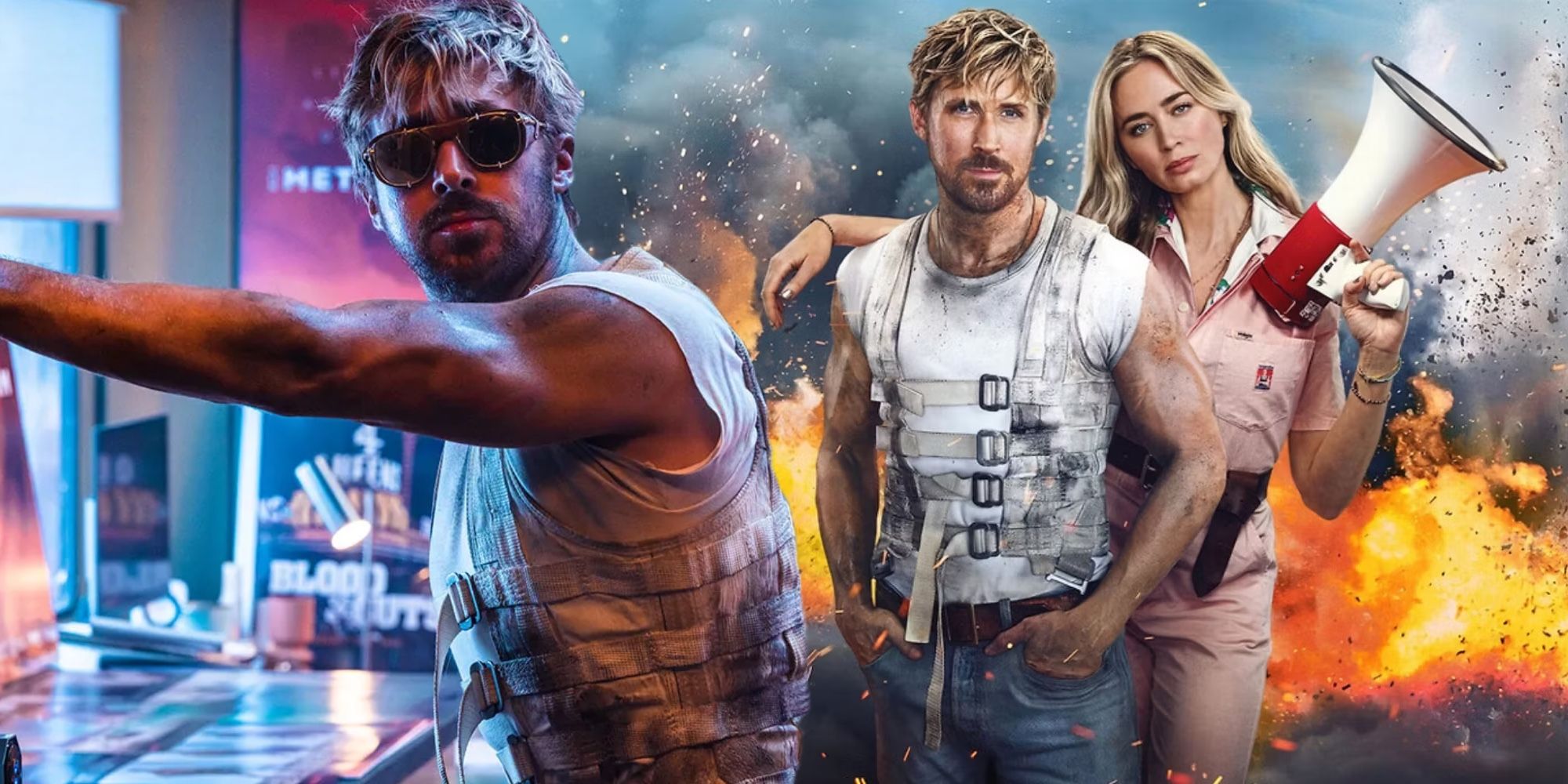 A composite image of Ryan Gosling leaning against a wall with a picture of Gosling and Emily Blunt looking away form an explosion in The Fall Guy