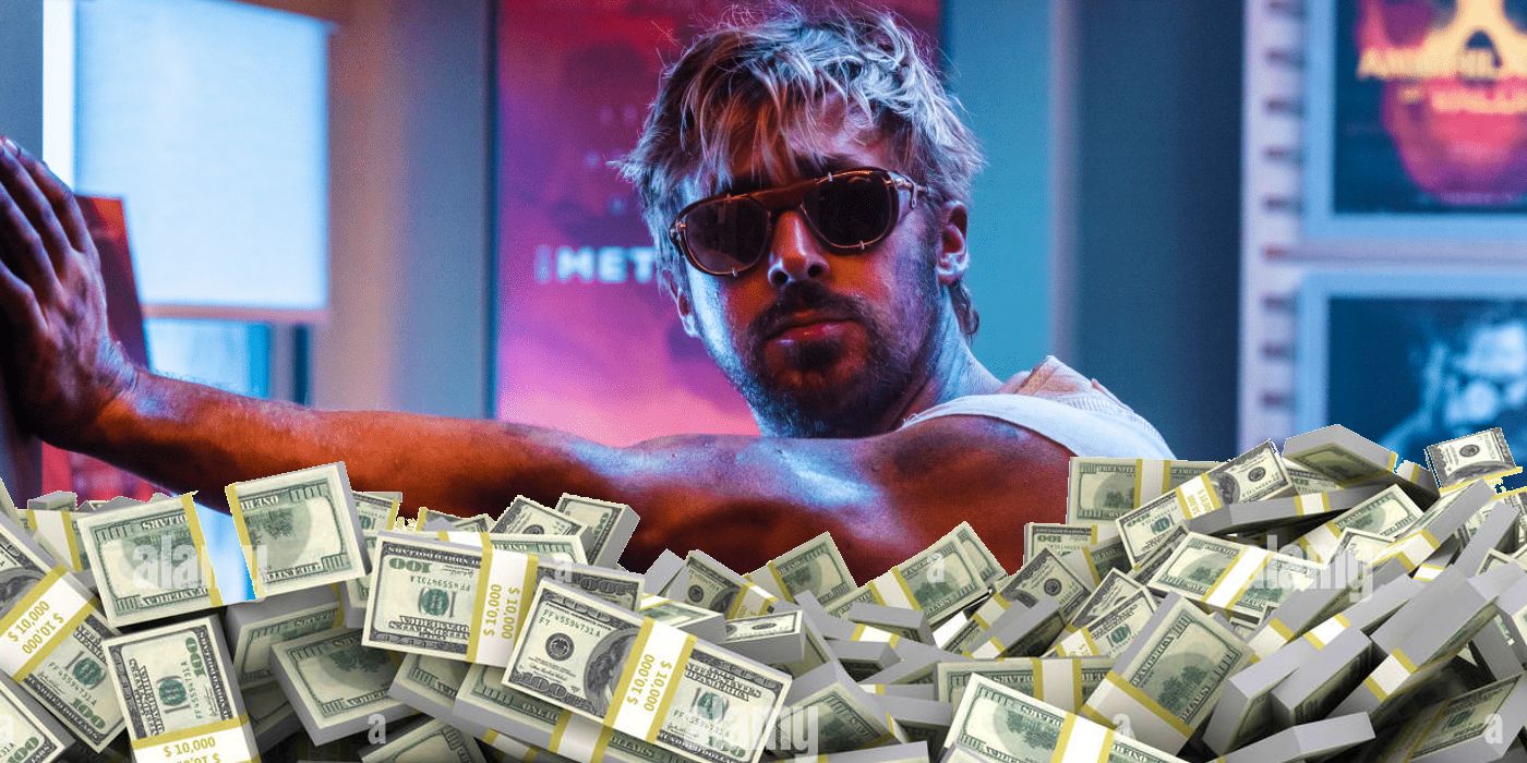 Ryan Gosling como Colt Seavers em The Fall Guy (2024) com uma pilha de notas de dólar