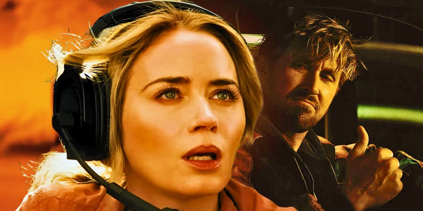 Emily Blunt as Jody wearing headphones next to Ryan Gosling as Colt giving a thumbs up from The Fall Guy (2024)