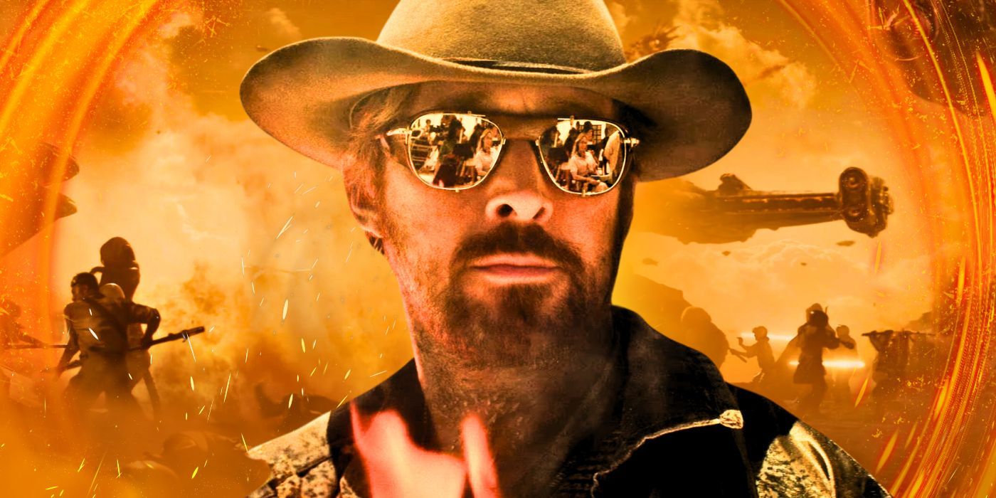Ryan Gosling wearing shades and a cowboy hat atop a scene from Metalstorm in The Fall Guy (2024)