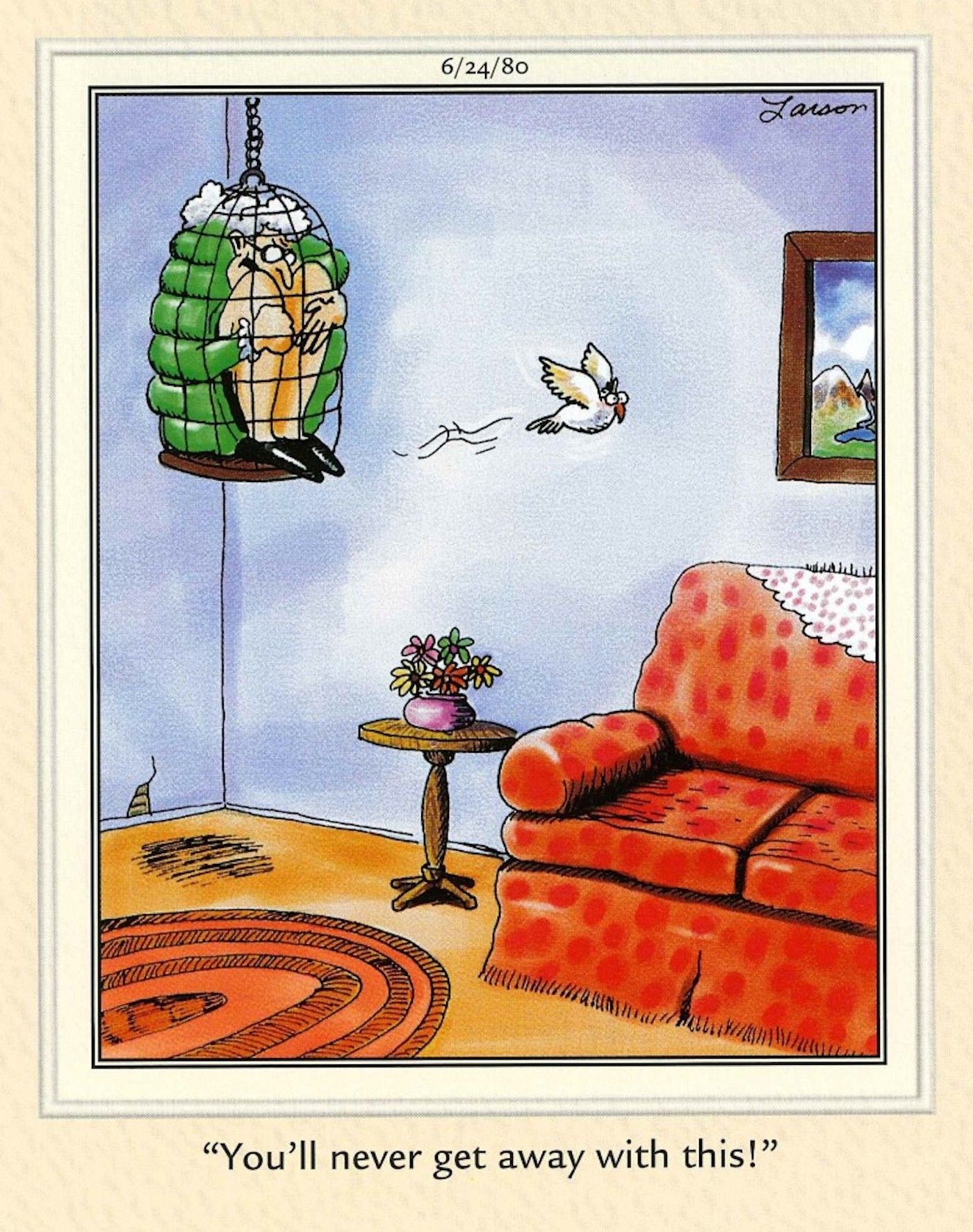 The Far Side bird escapes its cage