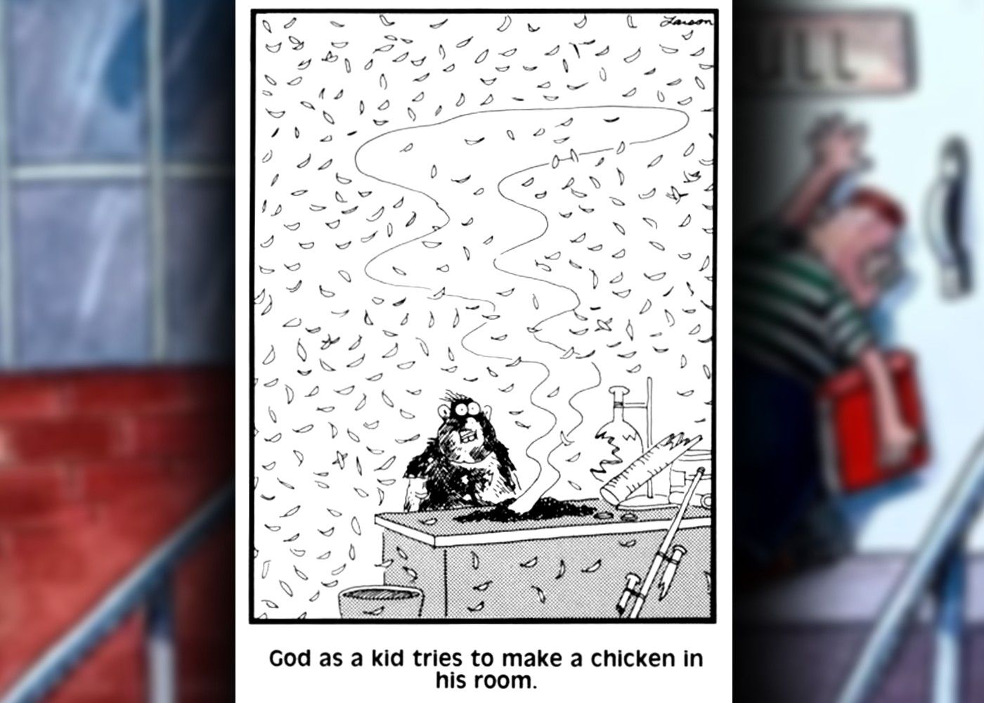 the far side comic god makes a chicken as a kid but it goes badly wrong