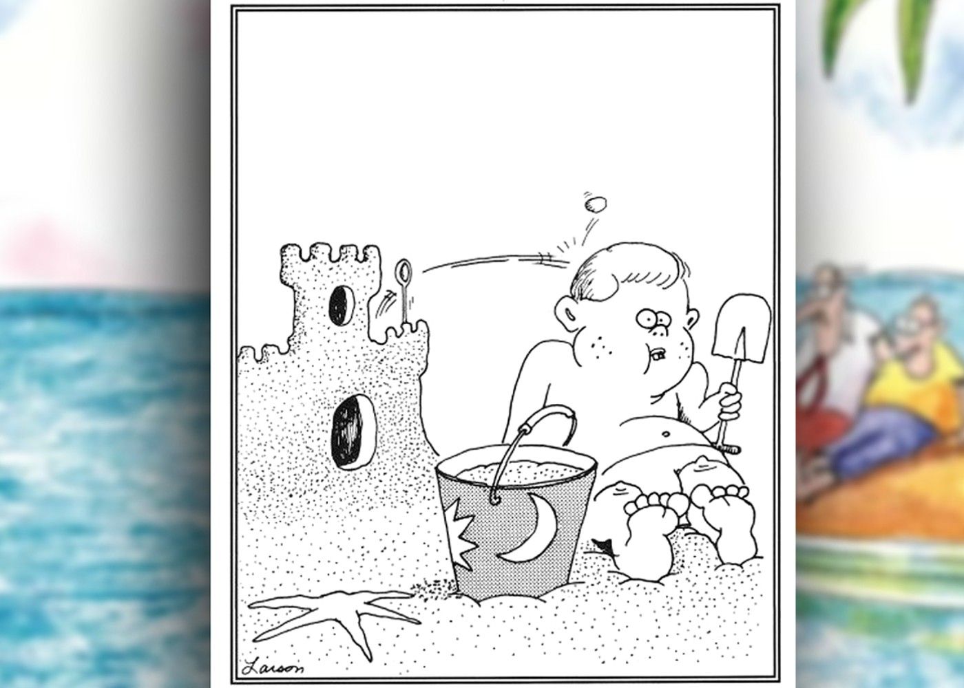 a história em quadrinhos do outro lado, onde uma criança é baleada por uma catapulta de dentro de seu próprio castelo de areia