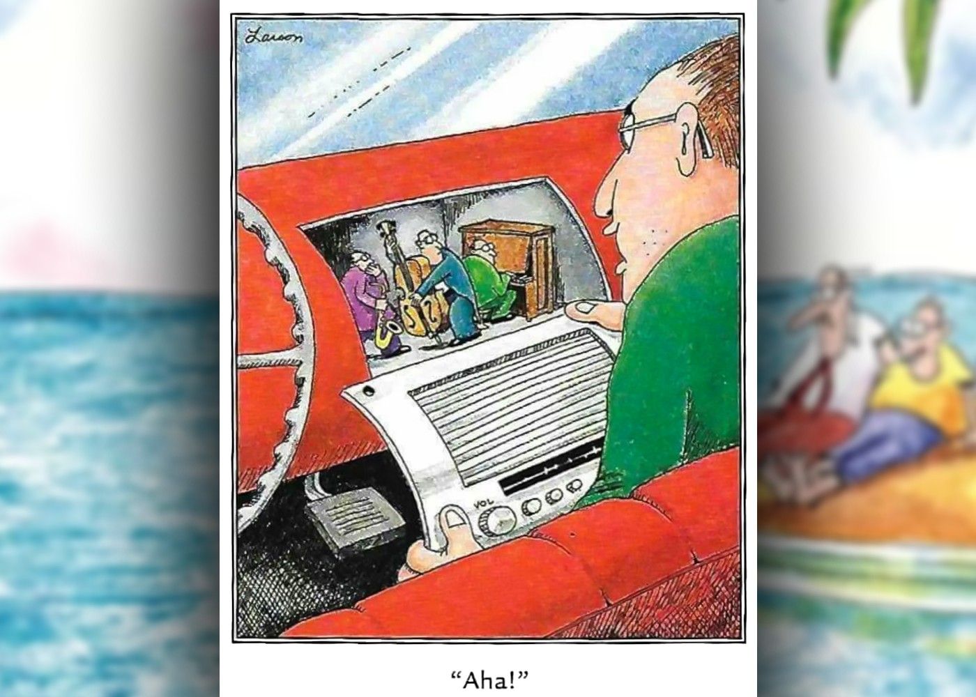 the far side comic where a man discovers tiny people in his radio