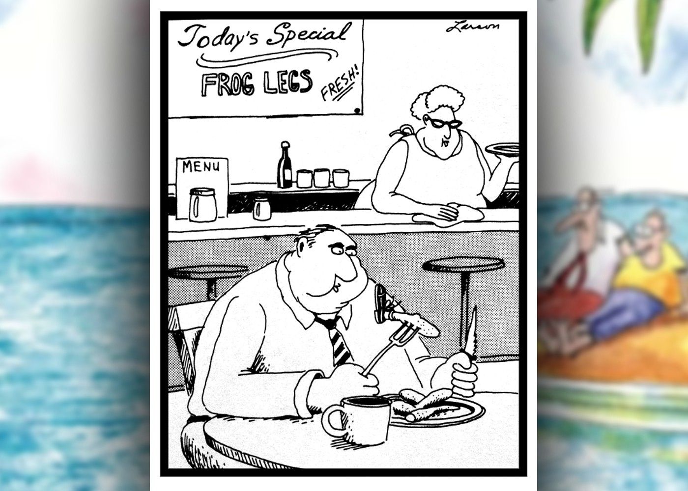 the far side comic where a man eats frogs legs, but ends up eating a tiny human leg