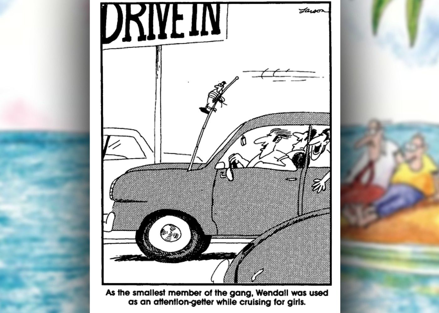 a história em quadrinhos do outro lado, onde um homenzinho está amarrado à antena de um carro