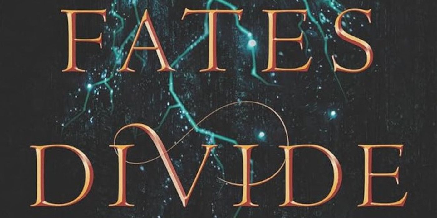 The Fates Divide Cover featuring the title, a black background, and blue lights