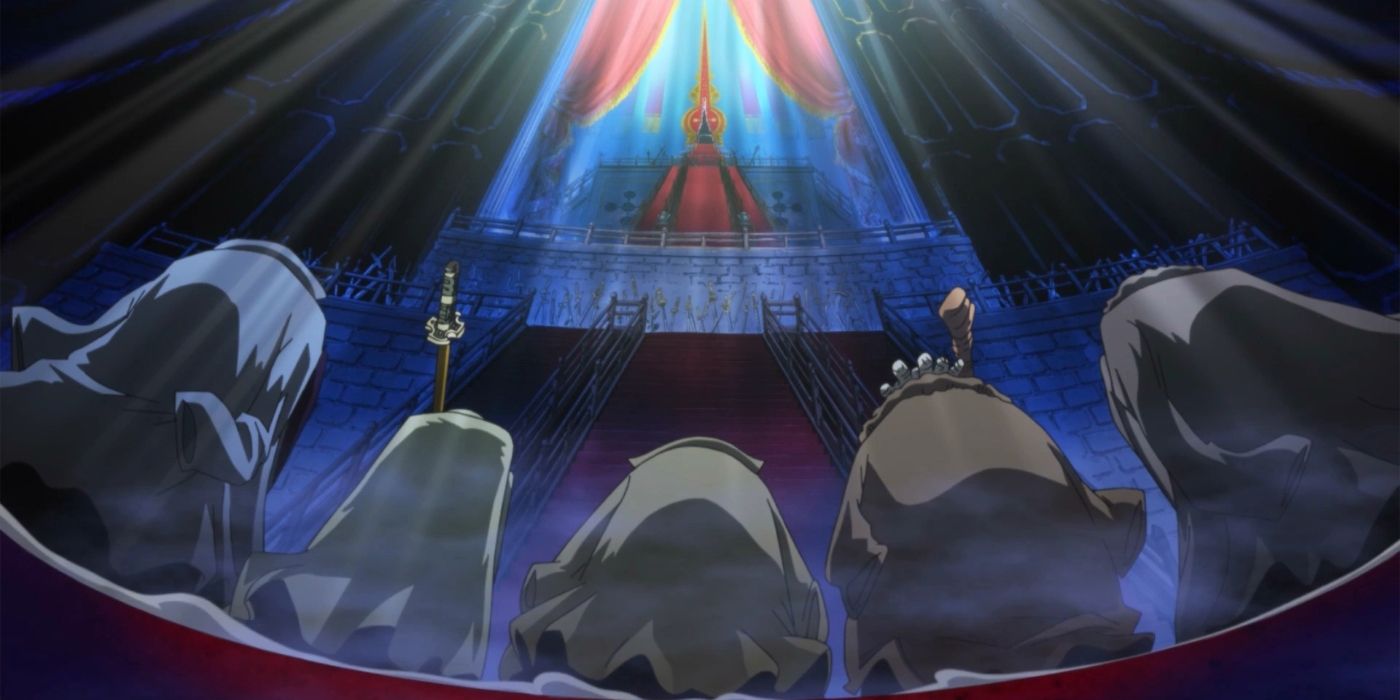 The Five Elders bow their heads as Imu looks at them from their throne.