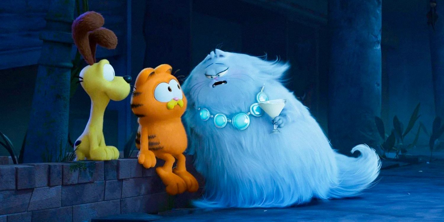 Odie y Garfield con Jinx que sostiene un vaso de leche en La película de Garfield (2024)