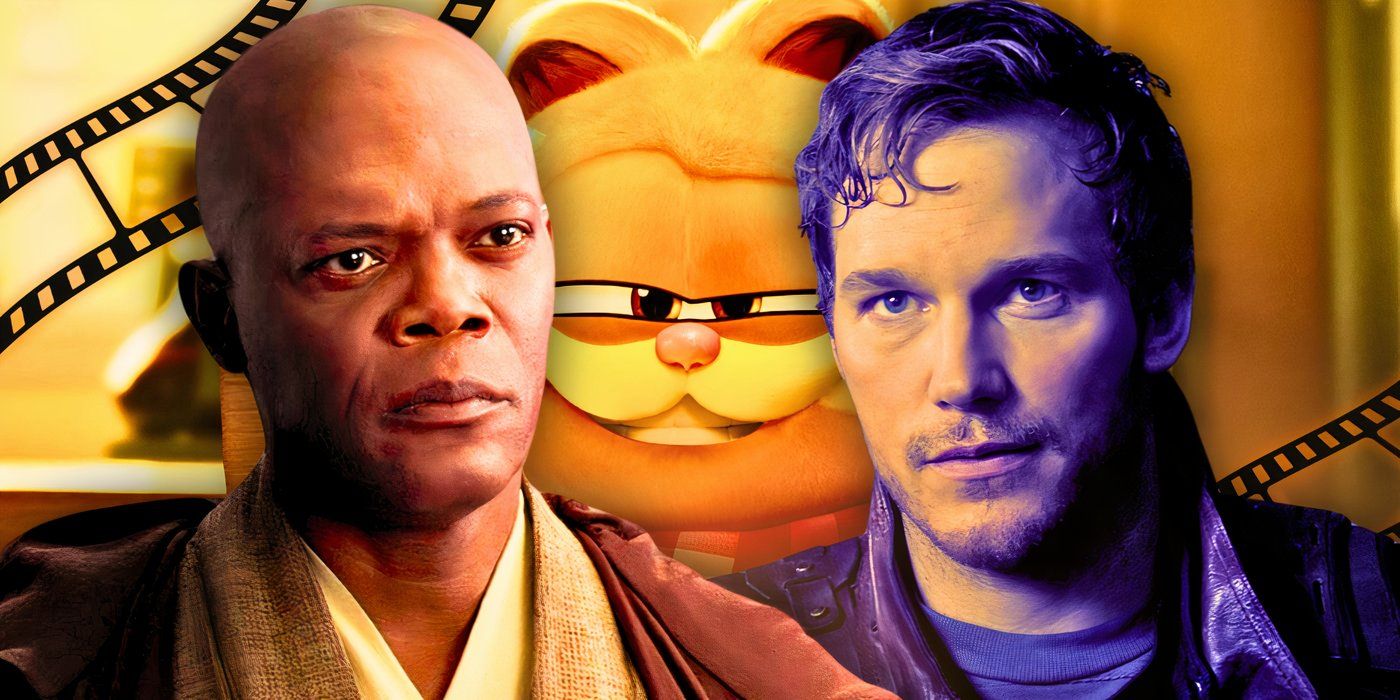 Samuel L. Jackson in Star Wars, Garfield from The Garfield Movie (2024), and Chris Pratt in Guardians of the Galaxy.