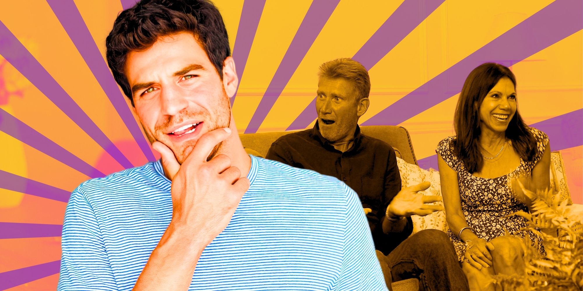 Bachelor Nation&rsquo;s Joe Amabile with his hand on his chin, with The Golden Bachelor&rsquo;s Gerry Turner looking shocked &amp; Theresa Nist smiling behind him