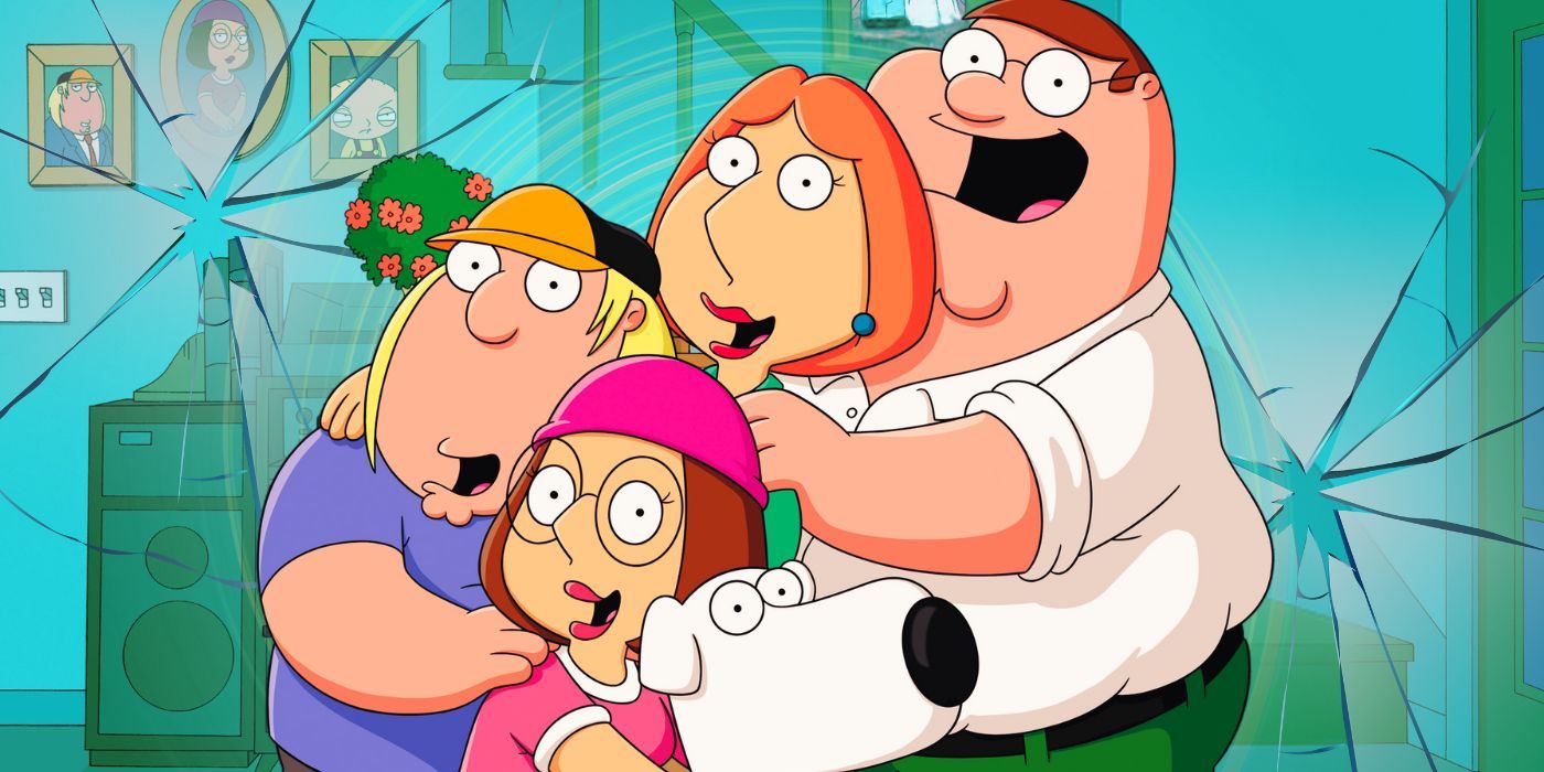 Chris, Meg, Lois, Peter, and Brian from Family Guy smiling at the camera with cracks in the screen
